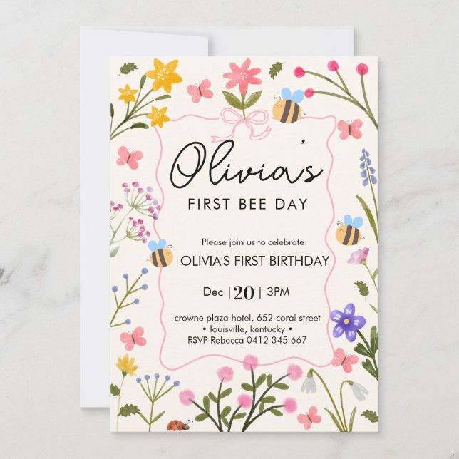 Invitación Flores silvestres de abeja cuta Primer cumpleaños (Anverso)