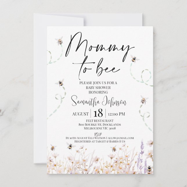 Invitación Flores silvestres de abejas mami para ser Baby Sho (Anverso)