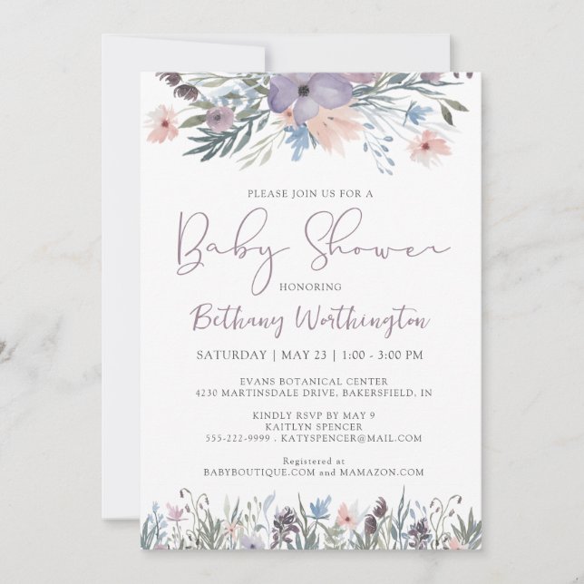 Invitación Flores silvestres de agua Violet Baby Shower (Anverso)