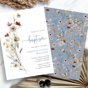Invitación Flores Silvestres de Bautismo Azul