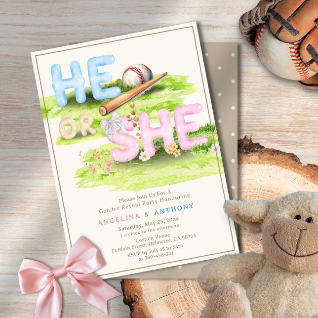 Invitación Flores silvestres de beisbol color agua elegantes  (Elegant Watercolor Baseball Wildflowers He or She Invitation)