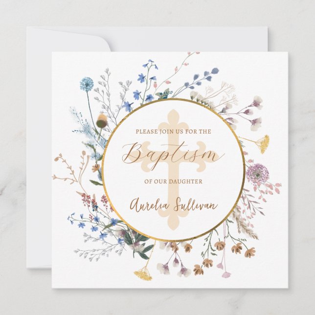 Invitación Flores silvestres de Boho Bautismo circular (Anverso)