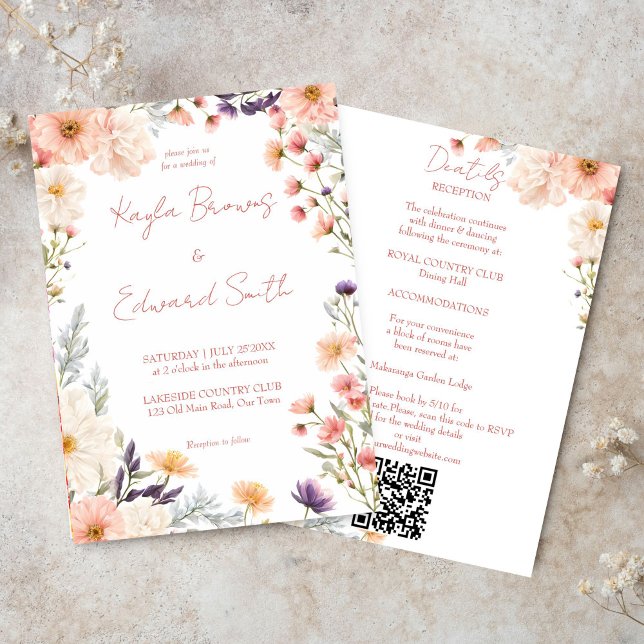 Invitación Flores silvestres de boho pasteles todo en un boda (Peach pastel boho wildflowers all in one wedding invitation editable template digital download)