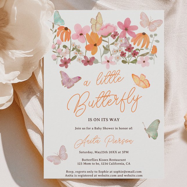 Invitación Flores silvestres de boho pequeña ducha de bebé ma (Cute boho wildflowers little butterfly baby shower invitation)