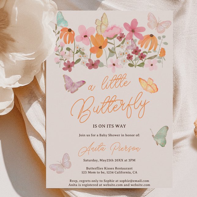 Invitación Flores silvestres de boho pequeña ducha de bebé ma (Cute boho wildflowers little butterfly baby shower invitation on pink)