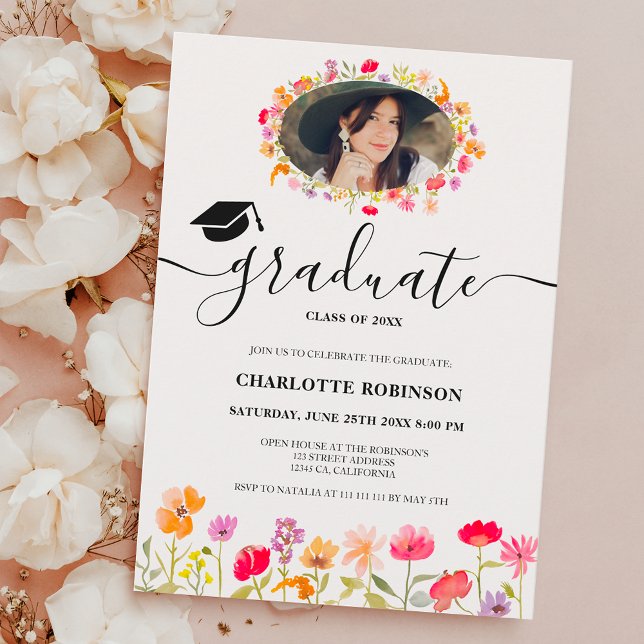 Invitación Flores silvestres de Boho primavera de graduación  (Boho wildflowers spring floral photo graduation invitation)