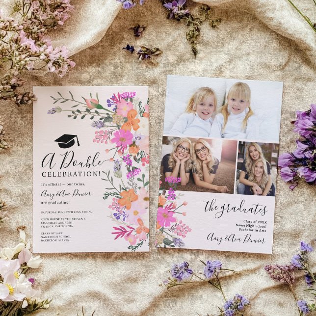 Invitación Flores silvestres de colores pastel primavera dobl (Twins pastel wild flowers spring double graduation invitation)