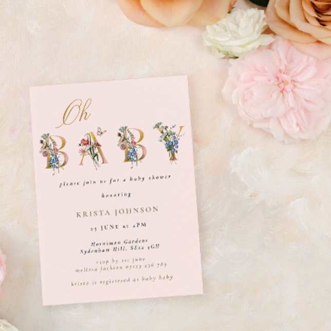 Invitación Flores silvestres de época Gold y Rubor Baby Showe (Subido por el creador)