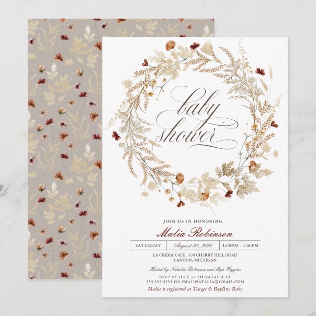 Invitación Flores silvestres de flores secas otoño en Baby Sh (Anverso / Reverso)