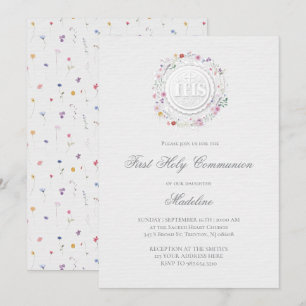Invitación flores silvestres de fondo gris marco primera comu