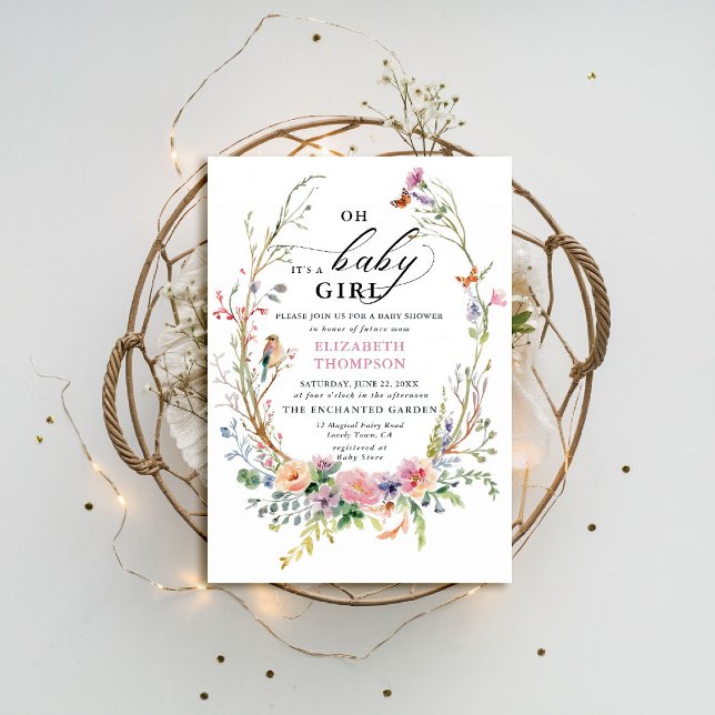 Invitación Flores silvestres de jardín encantado Whimsical Ba (enchanted garden baby shower invitation woodland forest bird butterfly spring summer whimsical chic)