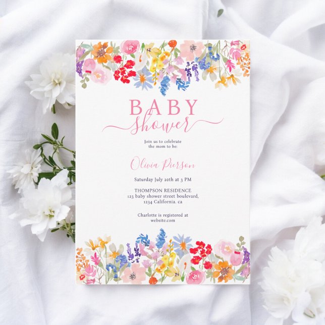 Invitación Flores silvestres de jardín modernas guiñan la duc (Modern garden wildflowers script baby shower invitation)
