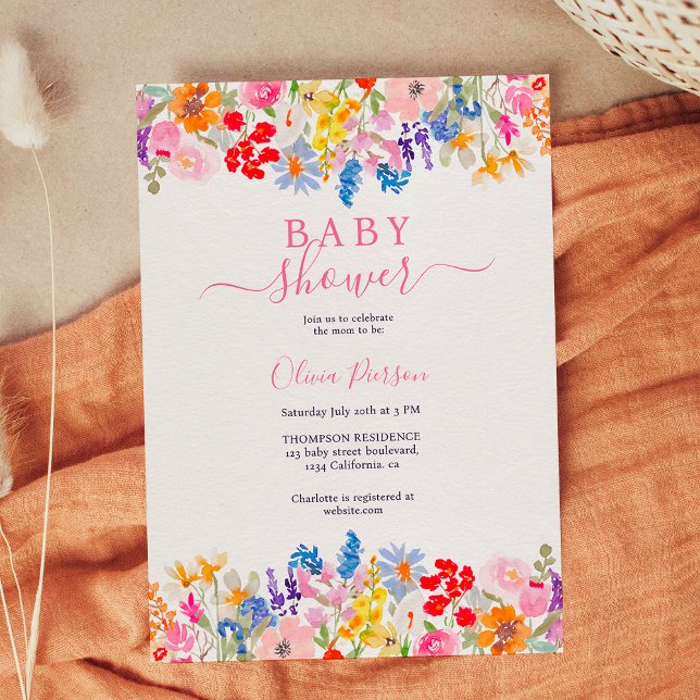 Invitación Flores silvestres de jardín modernas guiñan la duc (Modern garden wildflowers script baby shower invitation)
