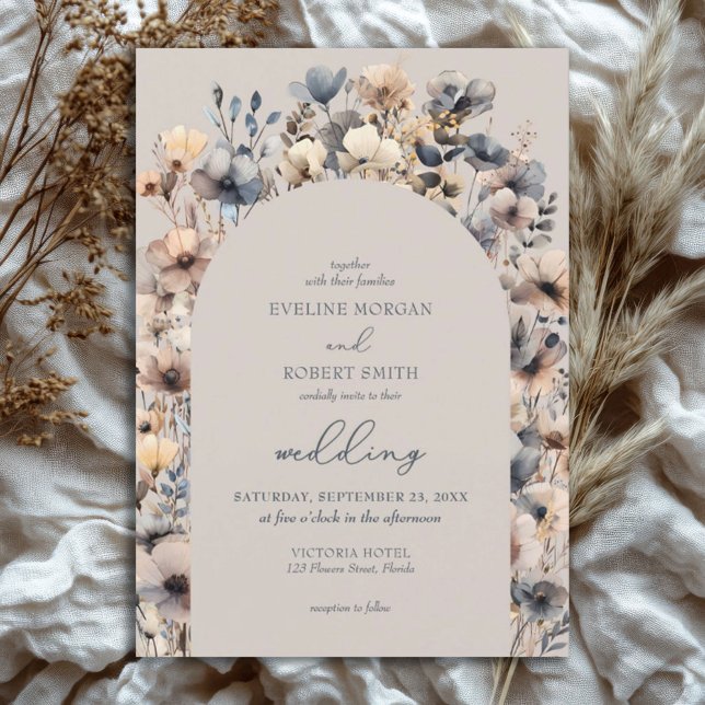 Invitación Flores silvestres de la acuarela del Boho neutro m (watercolor neutral colors wild flowers arched wedding invitation)