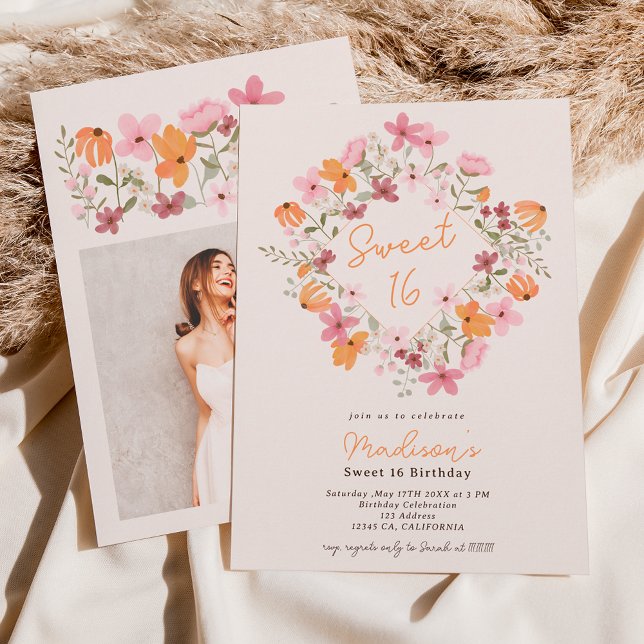 Invitación Flores silvestres de la pradera Boho foto Sweet 16 (Subido por el creador)