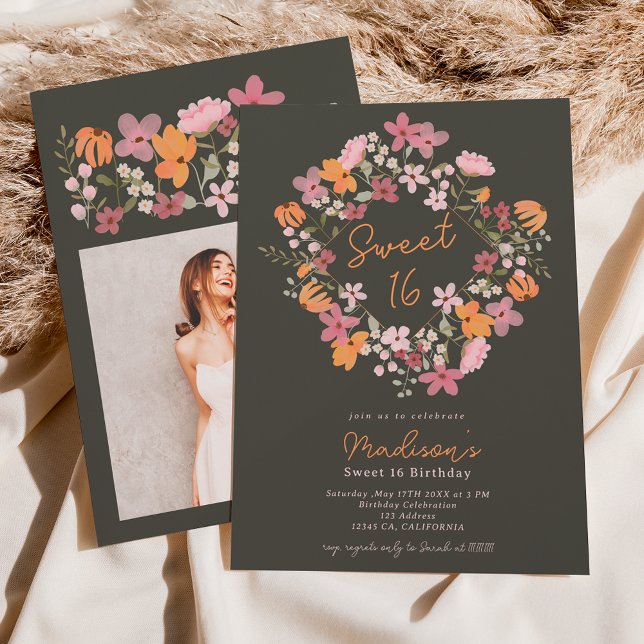 Invitación Flores silvestres de la pradera Boho foto Sweet 16 (Subido por el creador)