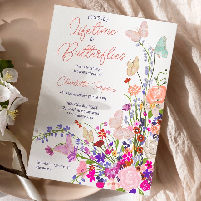 Invitación Flores silvestres de la primavera de Boho mariposa (Boho spring wildflowers butterflies bridal shower invitation)