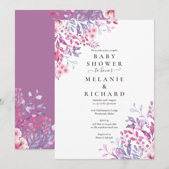 Invitación Flores Silvestres De Lavanda Para Baby Shower De P (Anverso / Reverso)