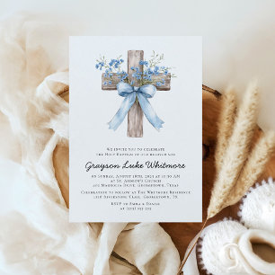 Invitación Flores silvestres de lazo azul elegante Bautizo
