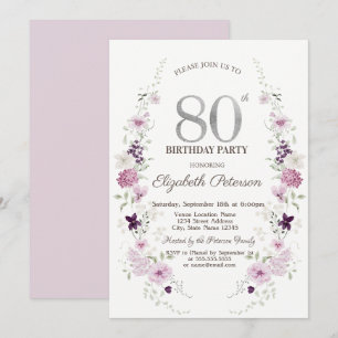 Invitación Flores silvestres de lila en acuarela 80 cumpleaño