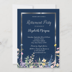 Invitación Flores silvestres de marco de plata Jubilación azu