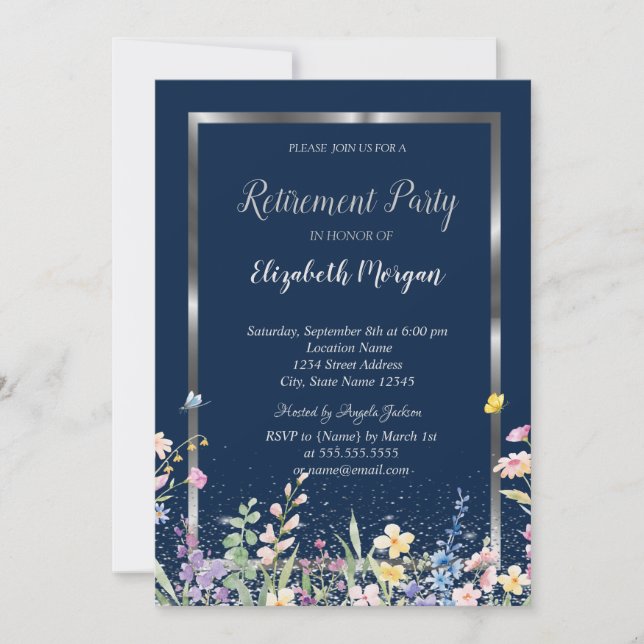 Invitación Flores silvestres de marco de plata Jubilación azu (Anverso)