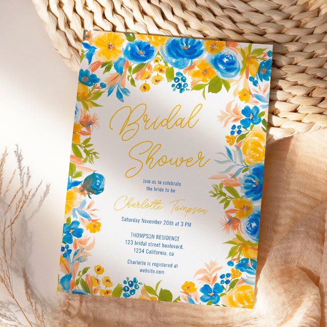 Invitación Flores silvestres de país brillante guión de ducha (Bright country wild flowers script bridal shower invitation)
