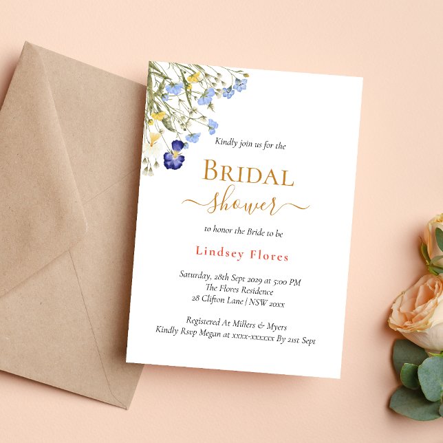 Invitación Flores Silvestres de Pradera de Verano Boda de Oro (Summer meadow wildflowers gold invitation brings a fresh, joyful bridal shower vibe)