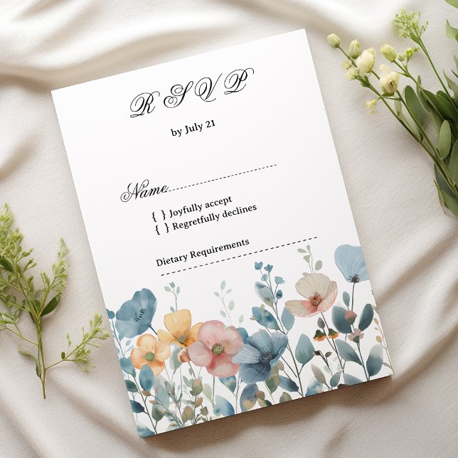 Invitación Flores silvestres de primavera azul rosa botánico  (Botanical pink blue spring wildflowers RSVP)