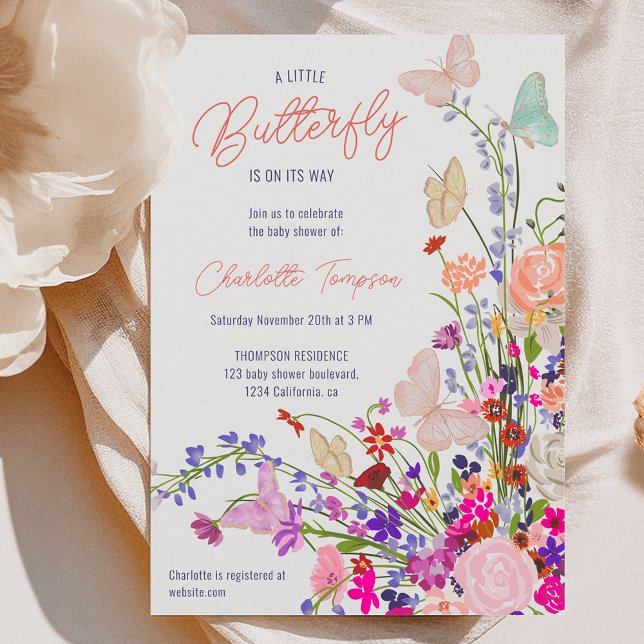 Invitación Flores silvestres de primavera Boho linda ducha de (Boho spring wildflowers cute butterfly baby shower invitation)
