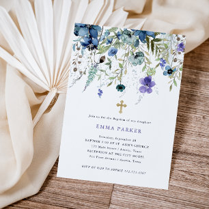 Invitación Flores silvestres delgadas   Bautismo morado y azu