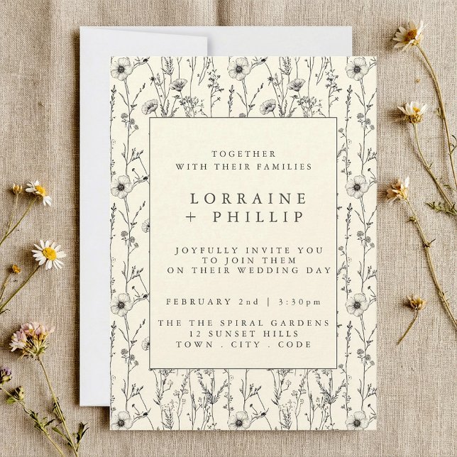 Invitación Flores silvestres delgadas boda de patrón sin fisu (Delicate wild flowers seamless pattern wedding invitation.)
