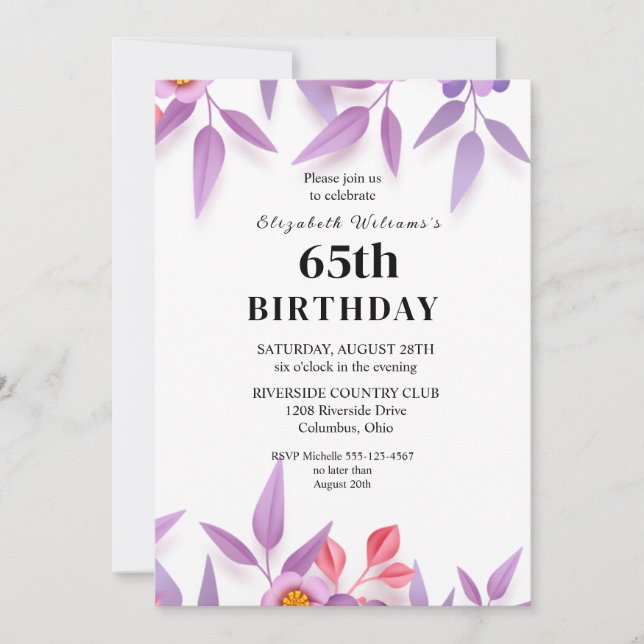 Invitación Flores silvestres: Delicada fiesta de cumpleaños n (Anverso)