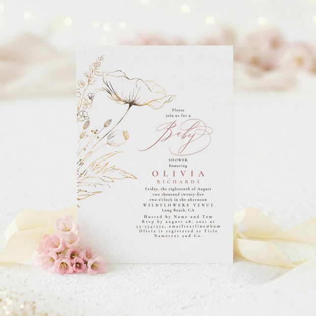 Invitación Flores silvestres doradas Fiesta de bebé chic rosa (Dusty Rose and Gold Elegant Hand Drawn Baby Shower Invitations)