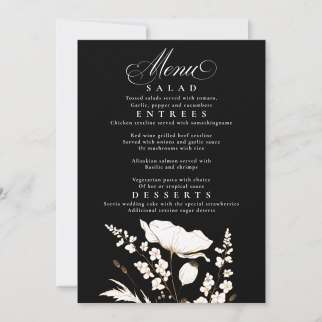 Invitación Flores silvestres doradas Menú Boda blanco y negro (Anverso)