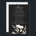 Invitación Flores silvestres doradas Menú Boda blanco y negro<br><div class="desc">Flores silvestres doradas dibujadas a mano elegantes tarjetas de menú boda negro moderno</div>