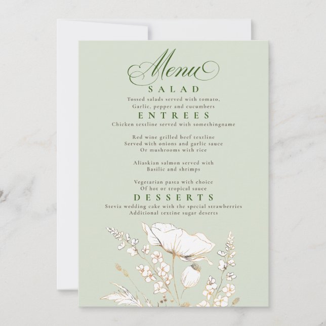 Invitación Flores silvestres doradas Menú verde y Boda dorado (Anverso)