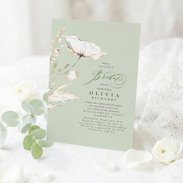 Invitación Flores silvestres doradas Sage Verde Chic Despedid (Wildflowers Bridal Shower Invitation Sage Green and Gold Minimalist)