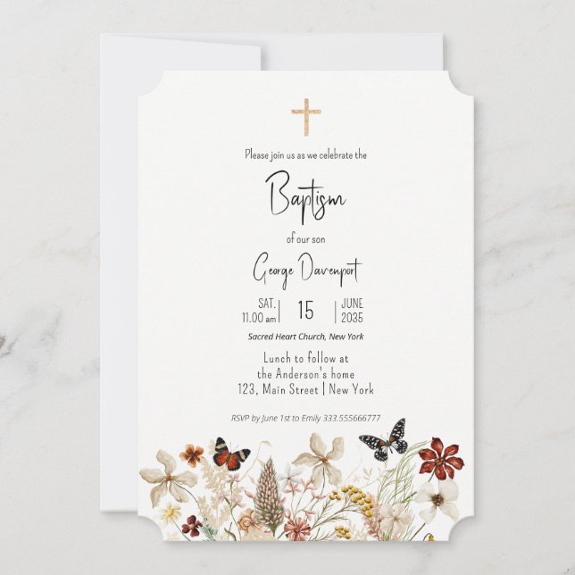 Invitación Flores silvestres Elegante bautismo Evento religio (Anverso)