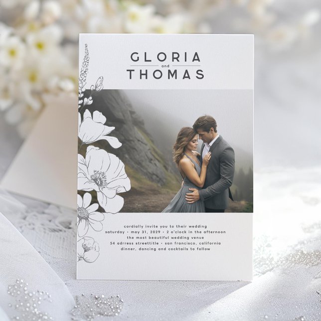 Invitación Flores silvestres elegante Boda moderna foto (Wildflowers Wedding Photo Invitation)