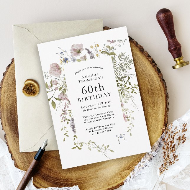 Invitación Flores silvestres Elegante botánico 60 cumpleaños (Available in printed or paperless digital download!)