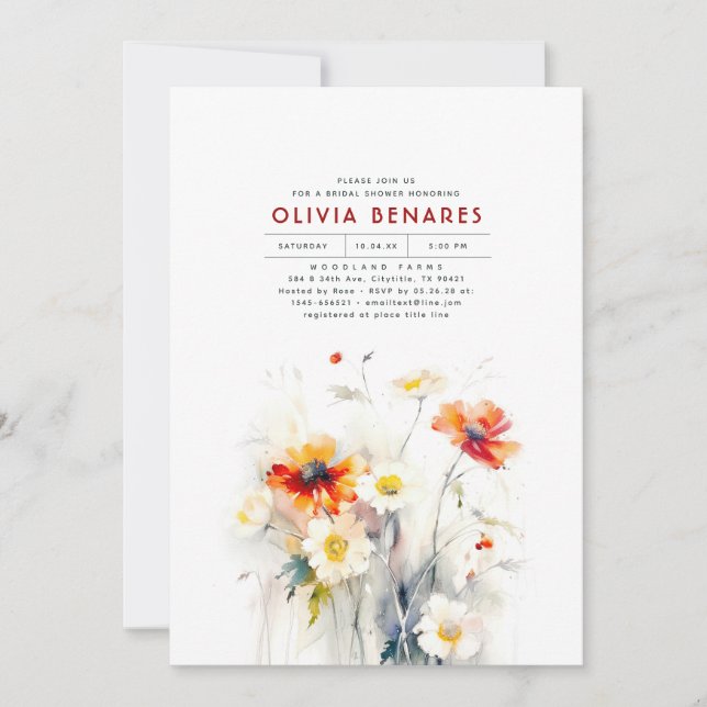 Invitación Flores silvestres elegante ducha de novias Boho (Anverso)
