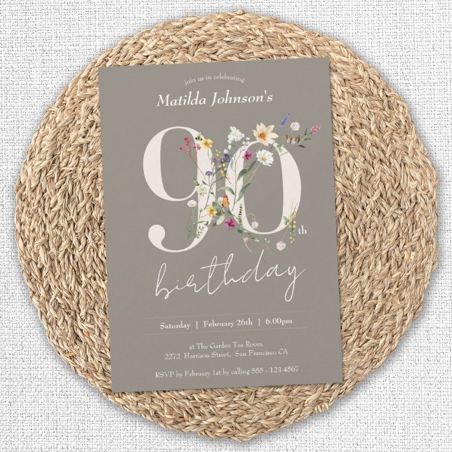 Invitación Flores silvestres Elegante fiesta de cumpleaños 90 (90th Birthday Wildflowers Elegant Floral Invitation)
