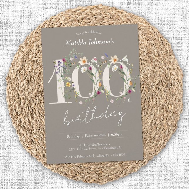 Invitación Flores silvestres Elegante Fiesta de la Flora 100  (100th Birthday Wildflowers Elegant Floral Invitation)