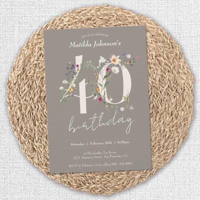 Invitación Flores silvestres Elegante Floral 40 cumpleaños (40th Birthday Wildflowers Elegant Floral Invitation)