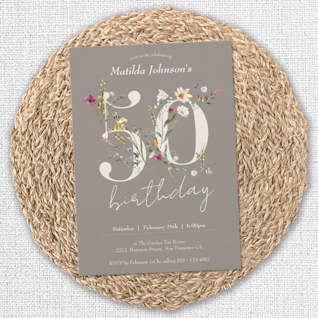 Invitación Flores silvestres Elegante Floral 50 cumpleaños (50th Birthday Wildflowers Elegant Floral Invitation)