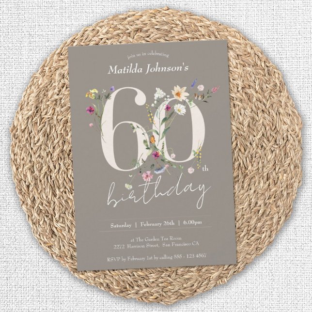 Invitación Flores silvestres Elegante Floral 60 cumpleaños (60th Birthday Wildflowers Elegant Floral Invitation)