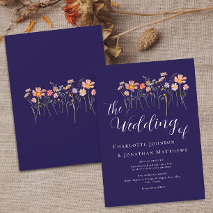 Invitación Flores silvestres Elegante Script Azul Marino Terr