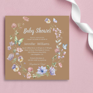 Invitación flores silvestres elegantes bebé neutra marrón