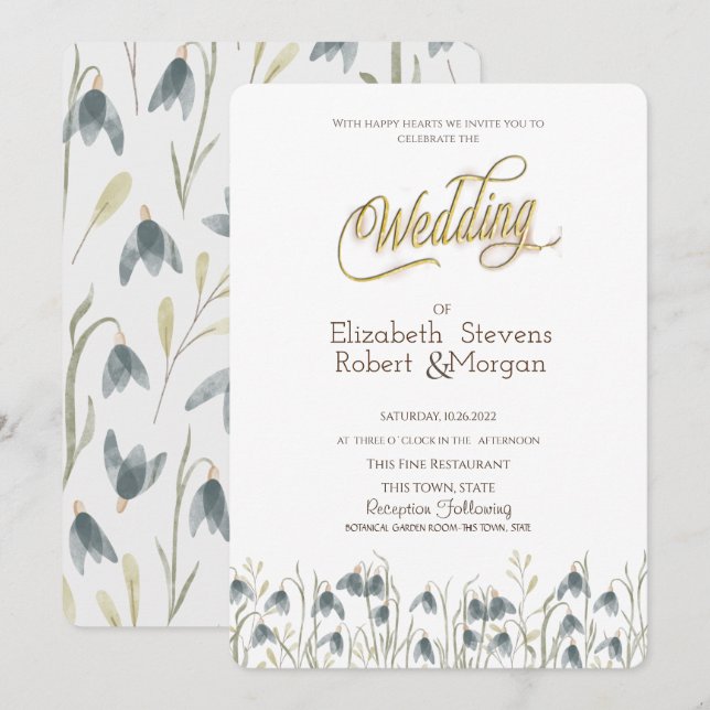 Invitación Flores Silvestres Elegantes Campanillas de Inviern (Anverso / Reverso)
